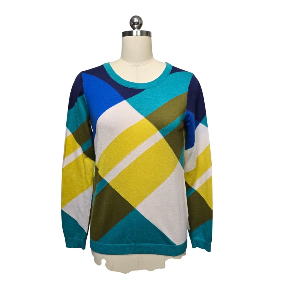 Boden Geometric Pattern Wool Cotton Blend Sweater Top Blue‎ Yellow Green Size 8